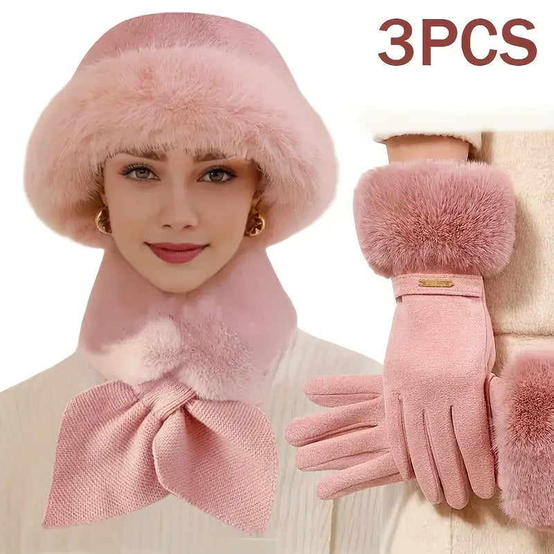 3-piece Women's Winter Warm Suit, Including Gloves, Scarf, and Hat, Suitable for Cold Weather and Outdoor Activities