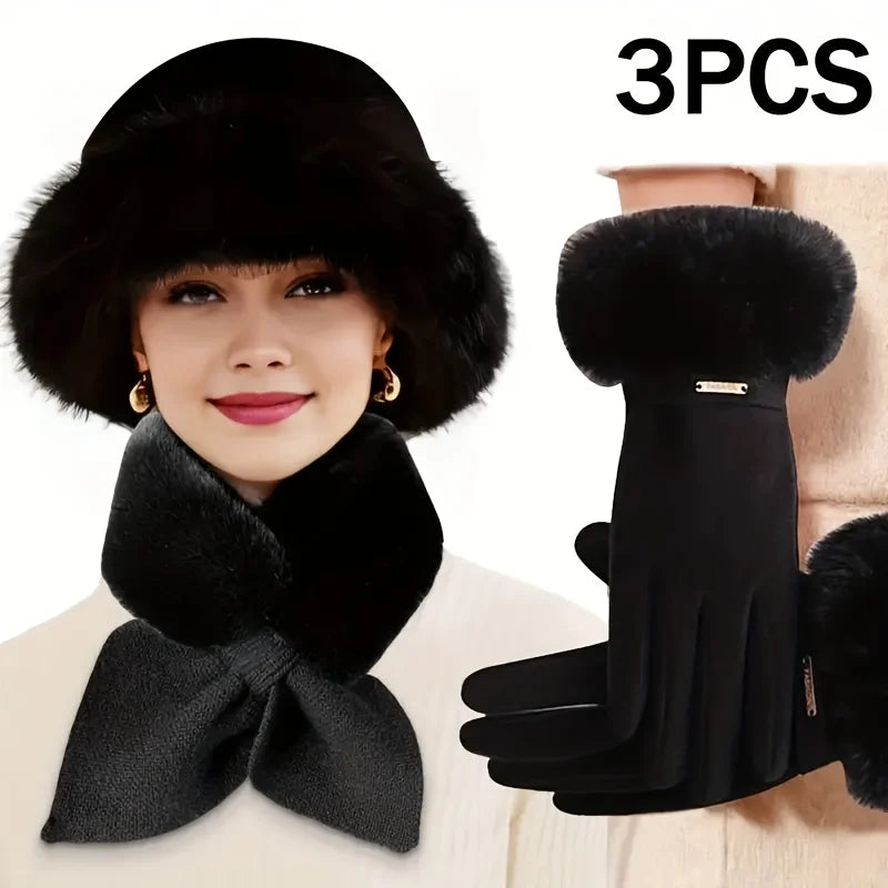 3-piece Women's Winter Warm Suit, Including Gloves, Scarf, and Hat, Suitable for Cold Weather and Outdoor Activities