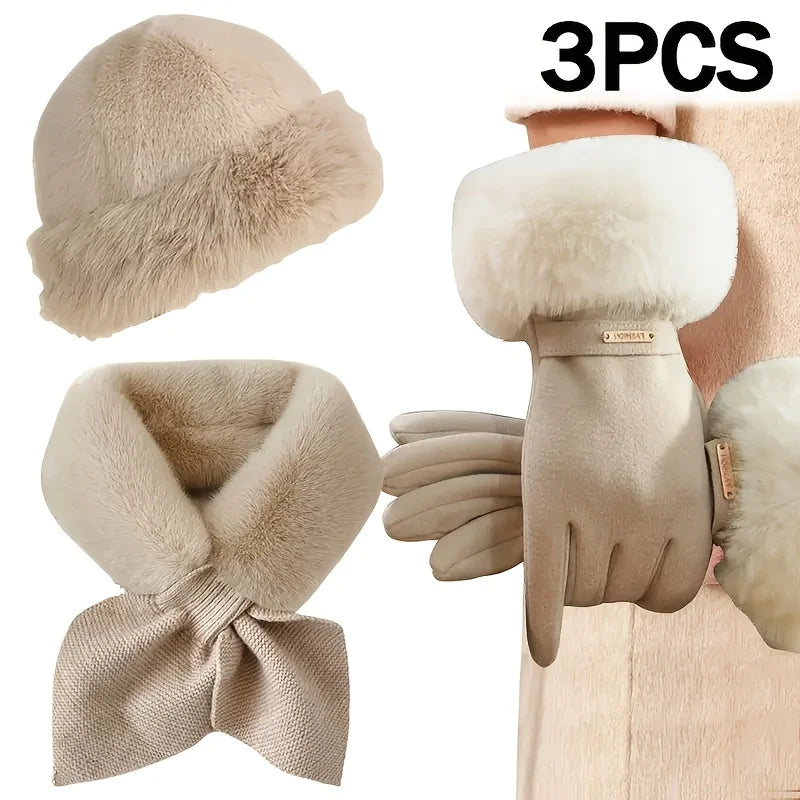 3-piece Women's Winter Warm Suit, Including Gloves, Scarf, and Hat, Suitable for Cold Weather and Outdoor Activities